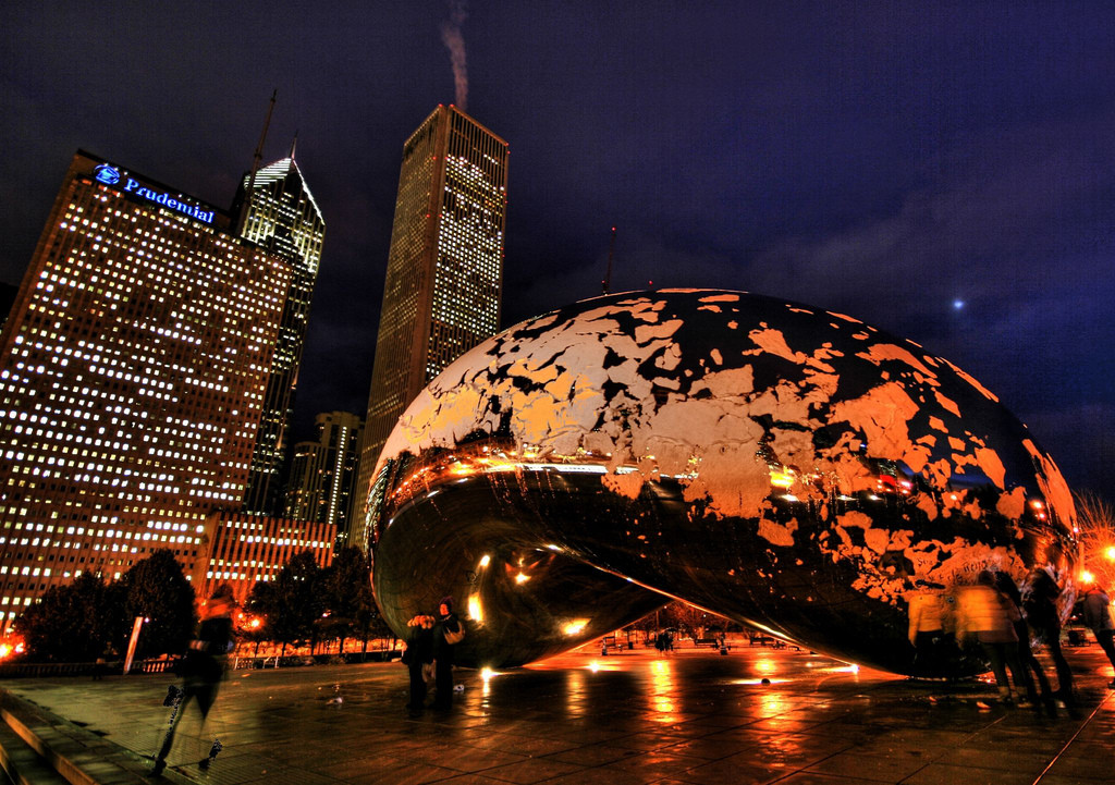 Chicago Millennium Park sculpture, “The Bean" in winter...